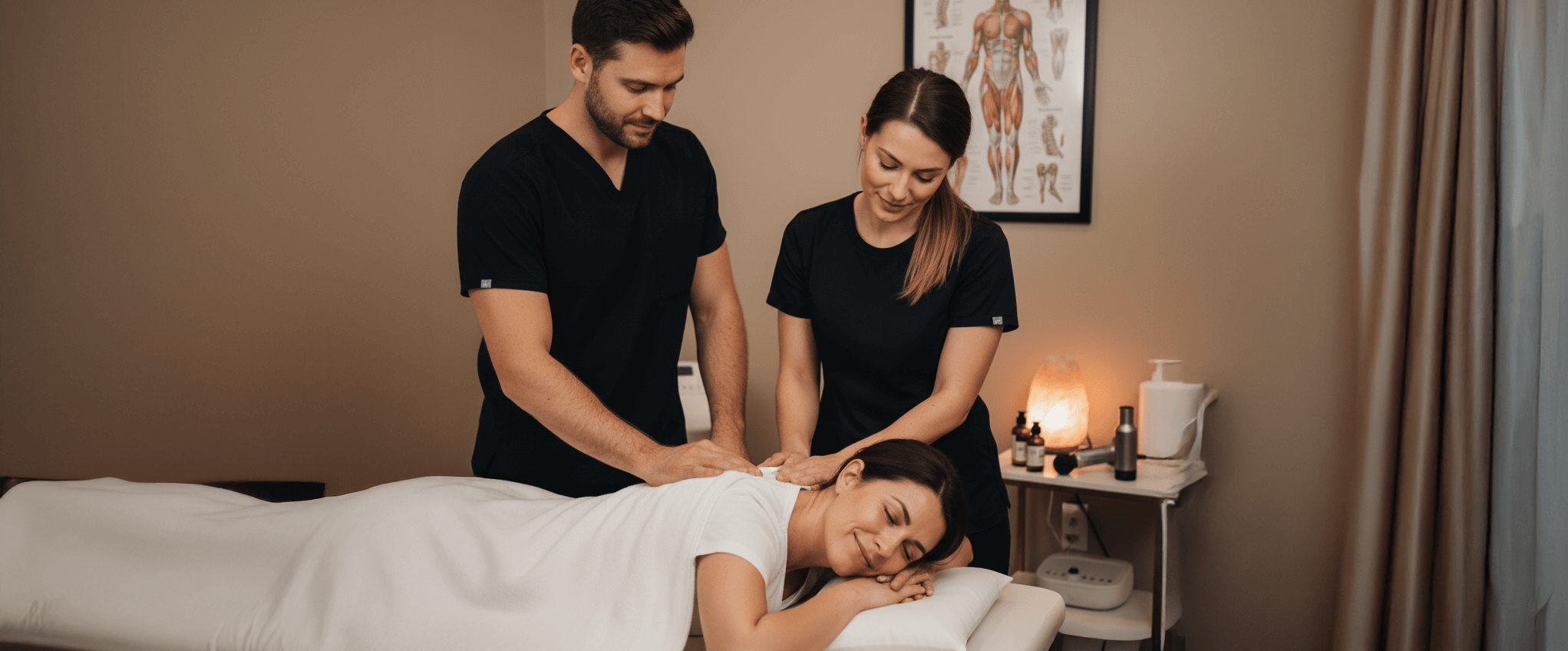 Chiropractor and massage therapist working together to relieve pain and promote natural healing at Prisma Spine & Wellness.