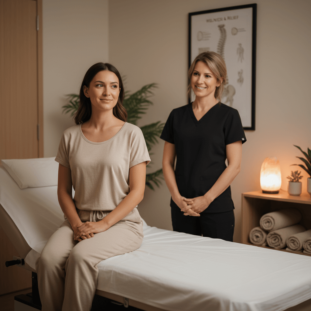 A relaxed patient smiling in a bright, professional chiropractic clinic, representing the feeling of wellness and relief after treatment at Prisma Spine & Wellness.